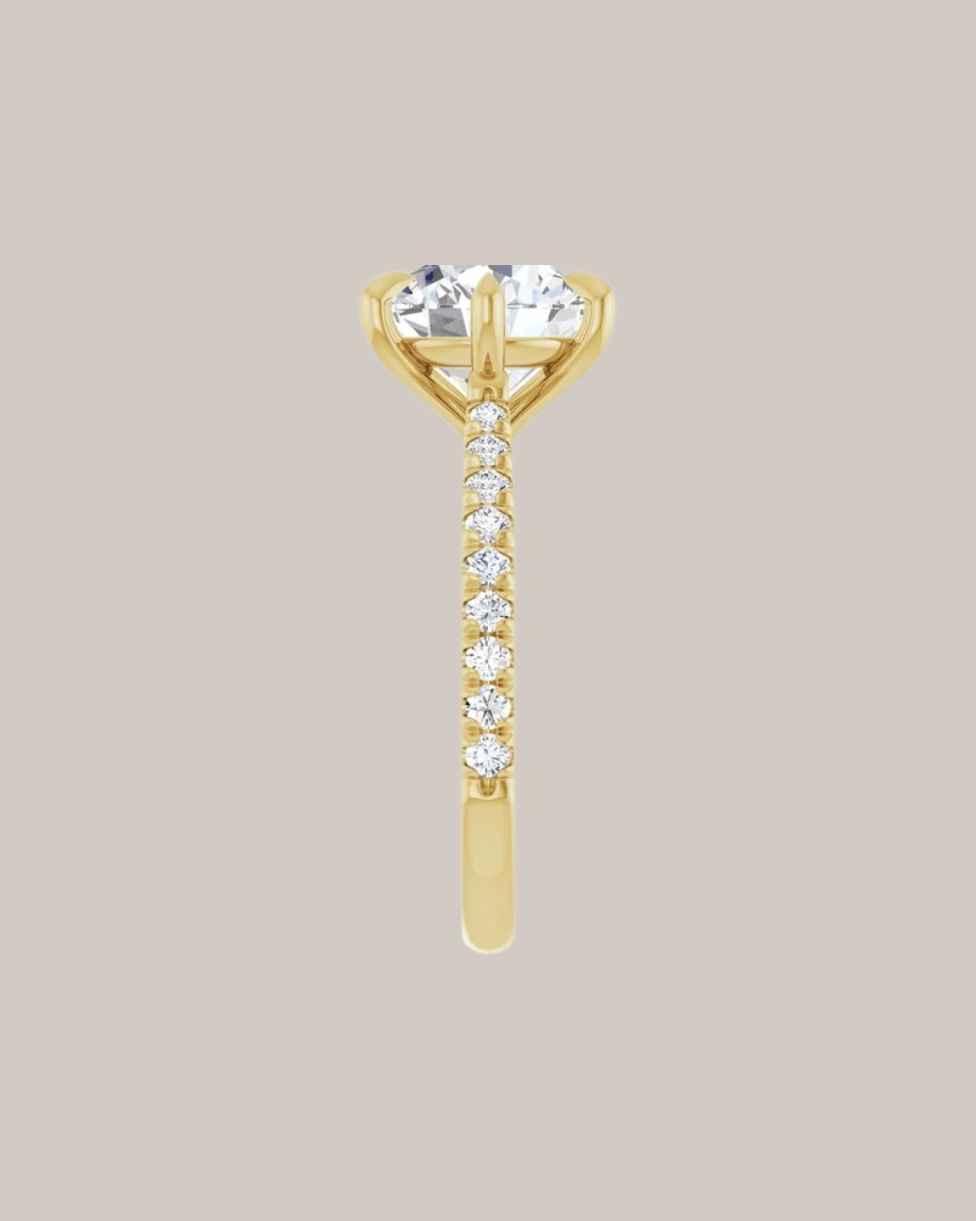 Six prong engagement ring with tapered diamond shank and 3 ct centre diamond