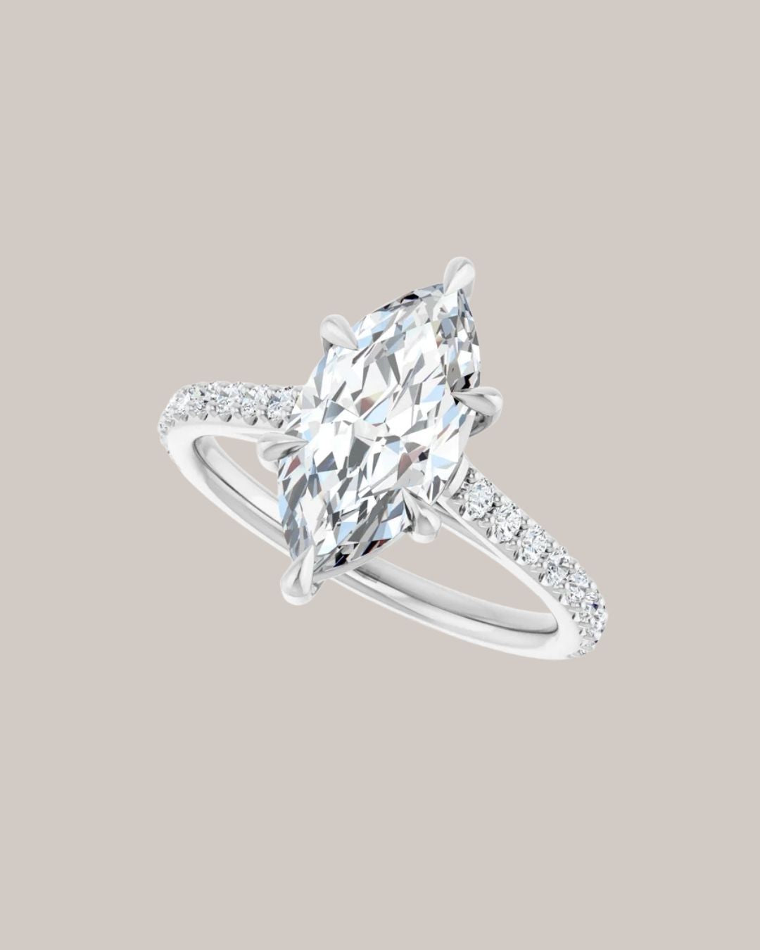 14K white gold marquise engagement ring with 2.00 ct centre diamond and 18 lab grown diamond accents