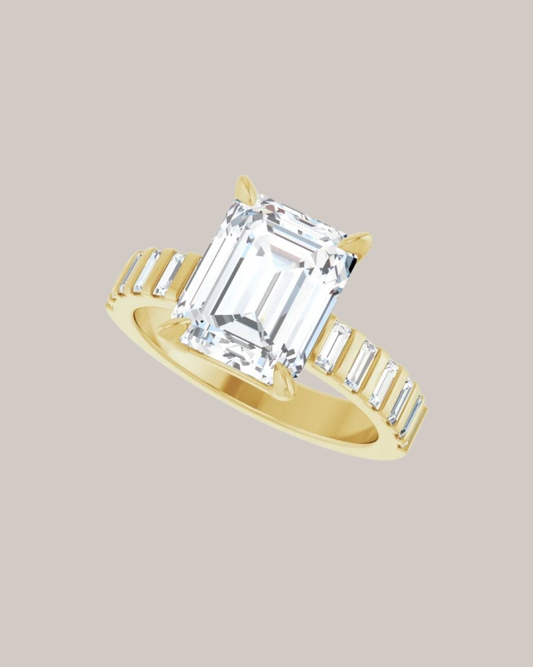 14K yellow gold emerald cut engagement ring with 12 lab grown baguette diamond accents
