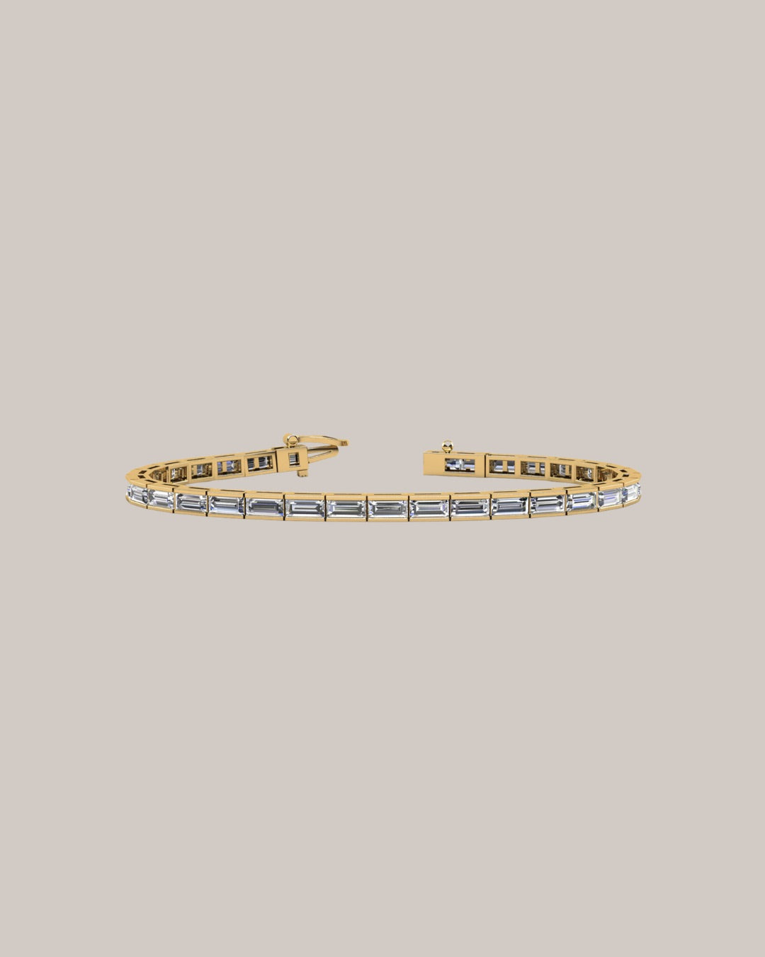 7 inch baguette lab grown diamond tennis bracelet with 28 diamonds totaling 11.20 ctw in 14K yellow gold