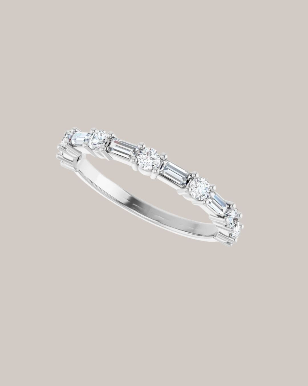 14K white gold band with 13 lab grown round and baguette diamonds totaling 0.62 ctw