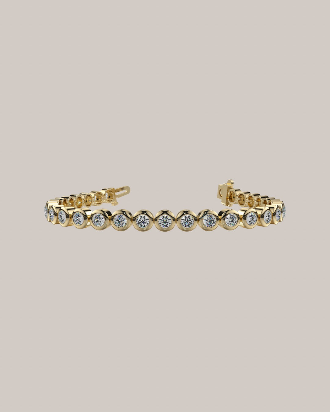 7 inch bezel set lab grown diamond tennis bracelet with 27 round diamonds totaling 4.00 ctw in 14K yellow gold
