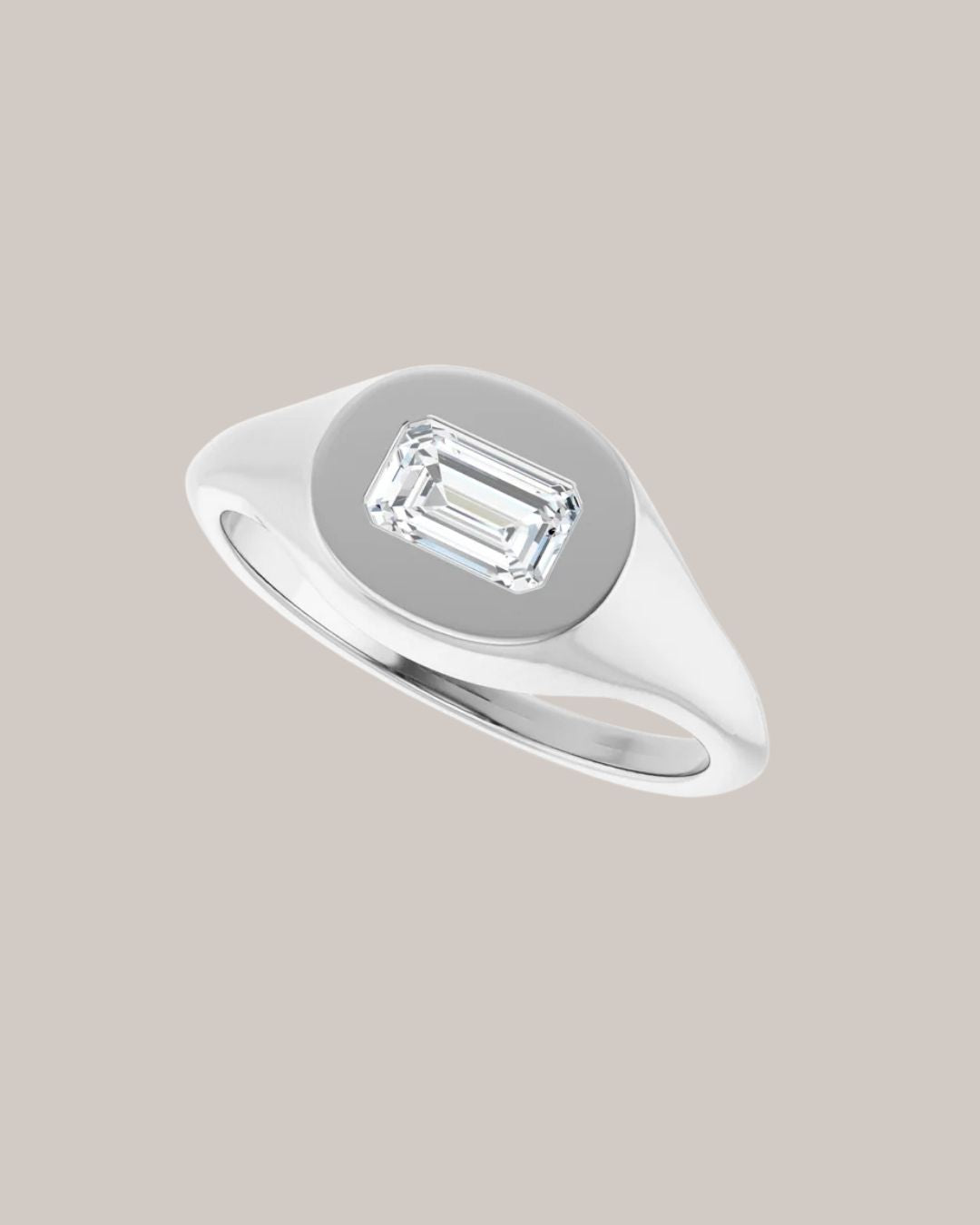 14K white gold signet ring with 0.50 ct lab grown emerald cut diamond