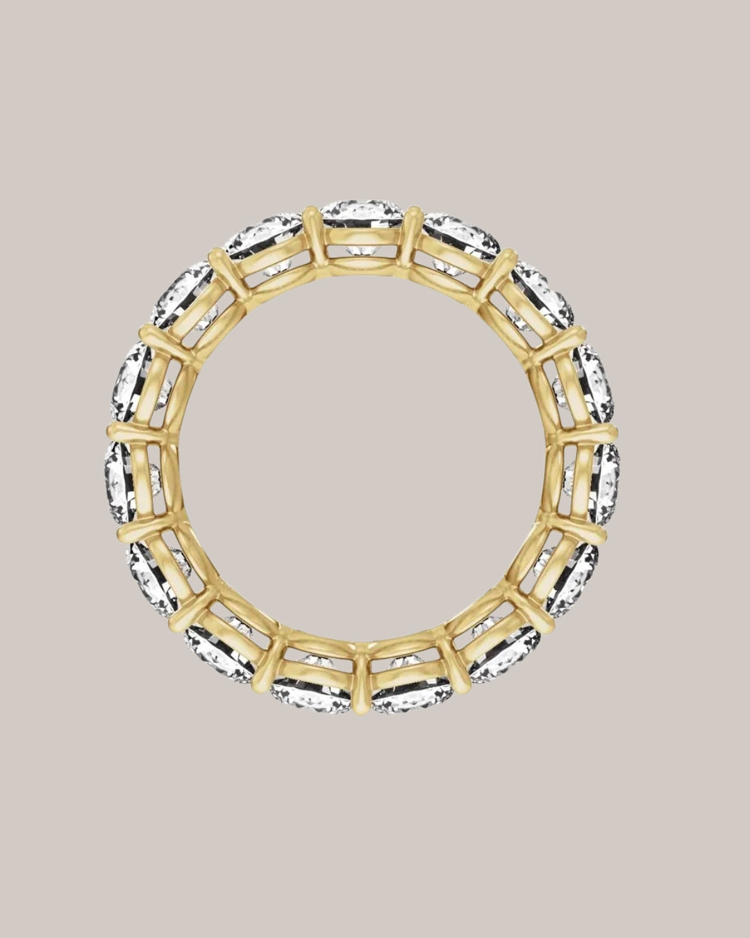 Low profile lab grown diamond eternity band with 15 round diamonds totaling 4.75 ctw in 14K yellow gold