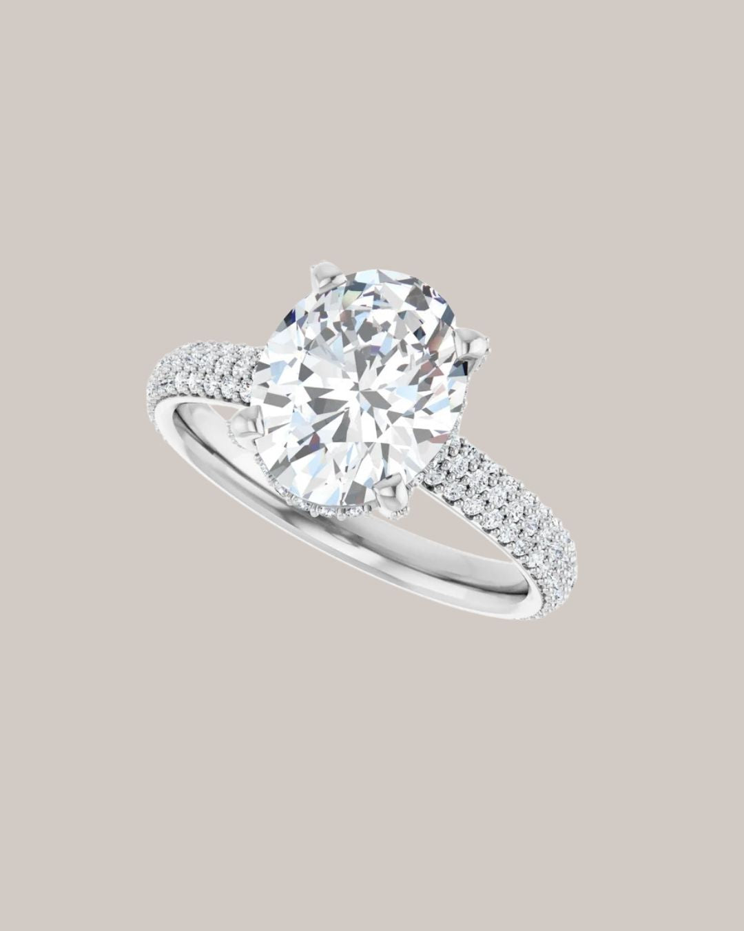 Oval pavé engagement ring shown with a 2.50 ct centre diamond and 74 lab grown diamond accents totaling 0.50 ctw