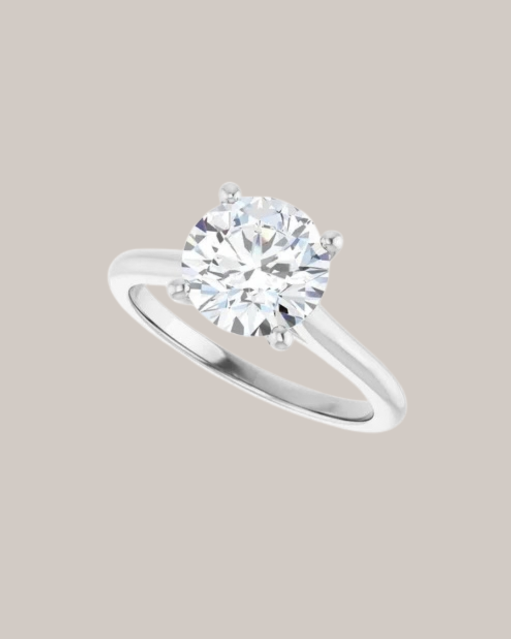 14K white gold round solitaire engagement ring setting shown with 2.00 ct centre diamond