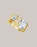 14K yellow gold two stone ring with 2.00 ct elongated cushion and 0.50 ct emerald cut lab grown diamonds