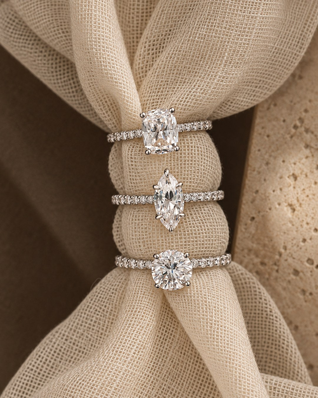 Elongated cushion, marquise and round engagement rings with lab grown diamond accents