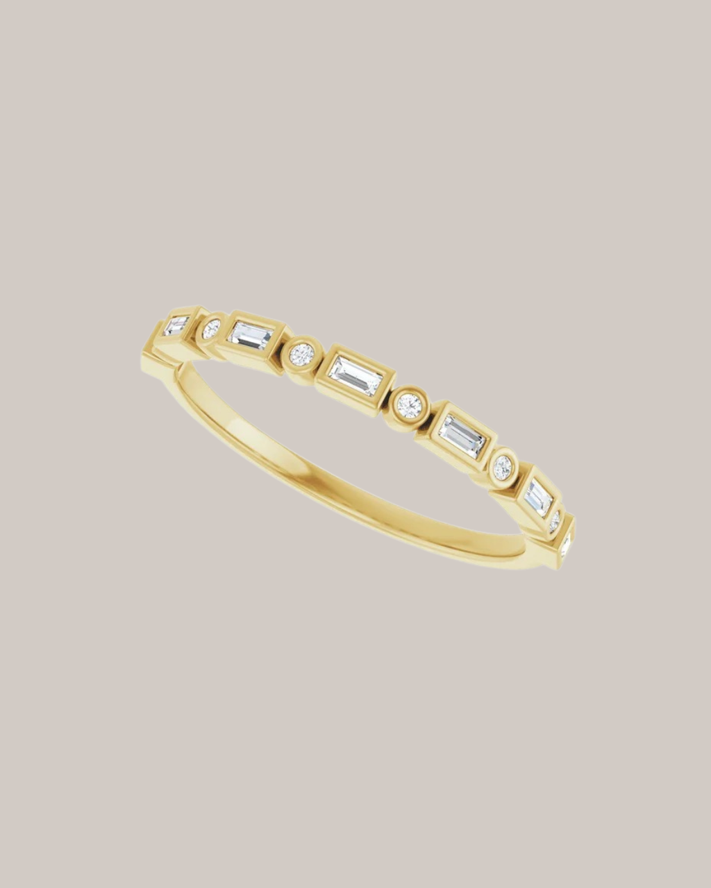 Baguette and round diamond band with 13 lab grown diamonds totaling 0.13 ctw in 14K yellow gold
